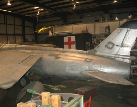 Tail view of the Gnat during restoration in the hangar