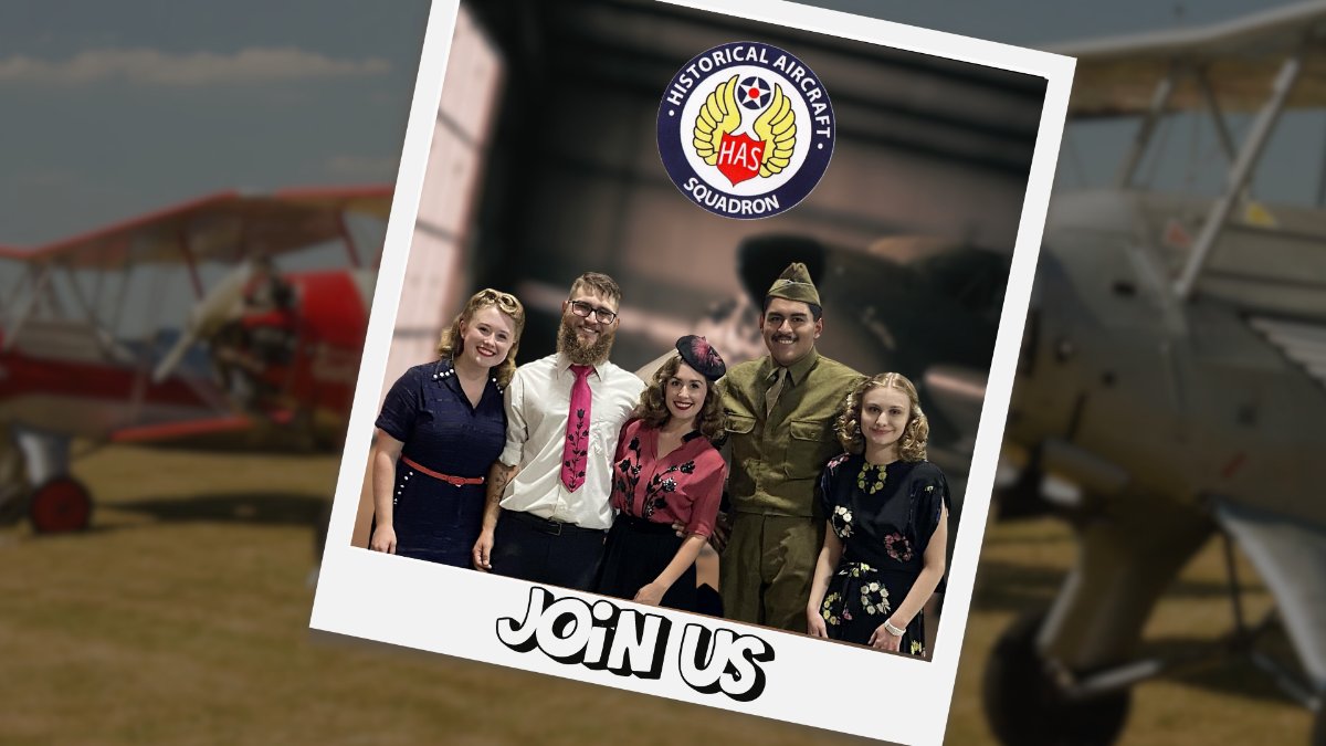 Five guests in 1940s dress and uniform at the hangar dance under the Historical Aircraft Squadron emblem. Join Us
